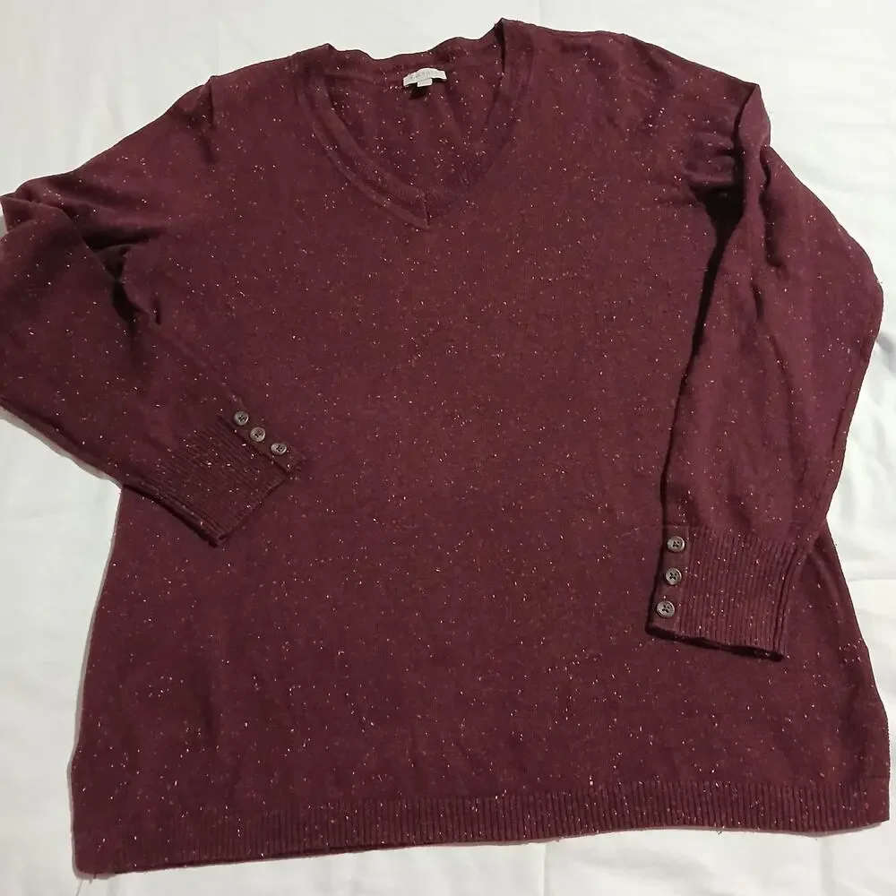 Talbots Med Maroon Multicolor Flecked V-Neck Sweater Cotton Blend Lightweight